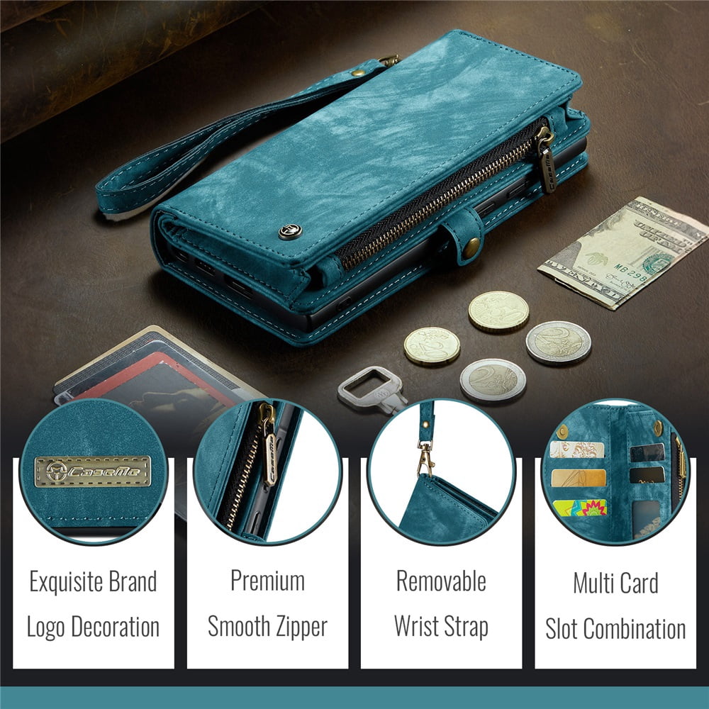 CaseMe Leather Case for Samsung Galaxy A56,2 in 1 Detachable Wallet Case with 8-Card Holder Zipper Bills Slot,Magnetic Shockproof Flip Leather Cover Zipper Pocket Phone Cases,Blue,For Galaxy A56