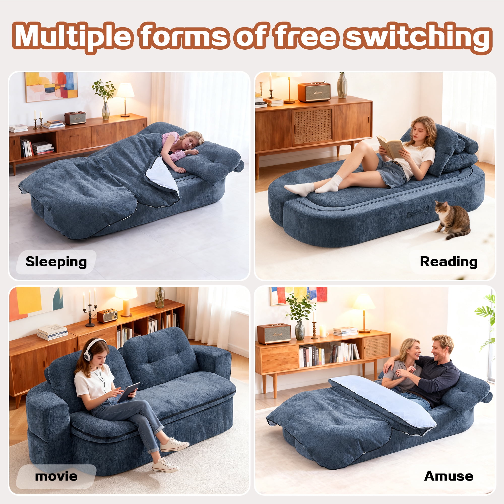 Sleeper Sofa Bed with 2 Pillows,Corduroy Convertible Futon Sleeper Sofa Couch,Modern Floor Sofa Bed,Folding Mattress for Living Room,Small Spaces,Dark Blue