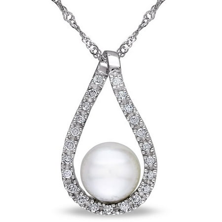 Miabella 6.5-7mm White Round Cultured Freshwater Pearl and Diamond-Accent 14kt White Gold Teardrop Pendant, 17