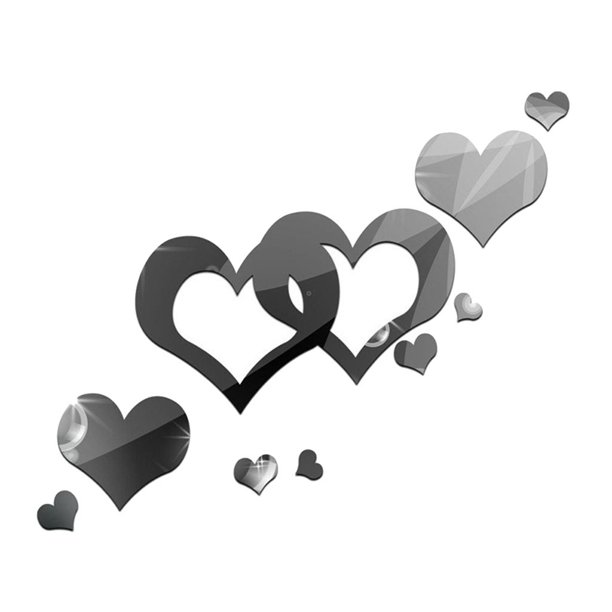 Un conjunto de de pared de espejo 3D, decoración autoadhesiva plateada Plata Gloria Etiqueta engomada del espejo del corazón