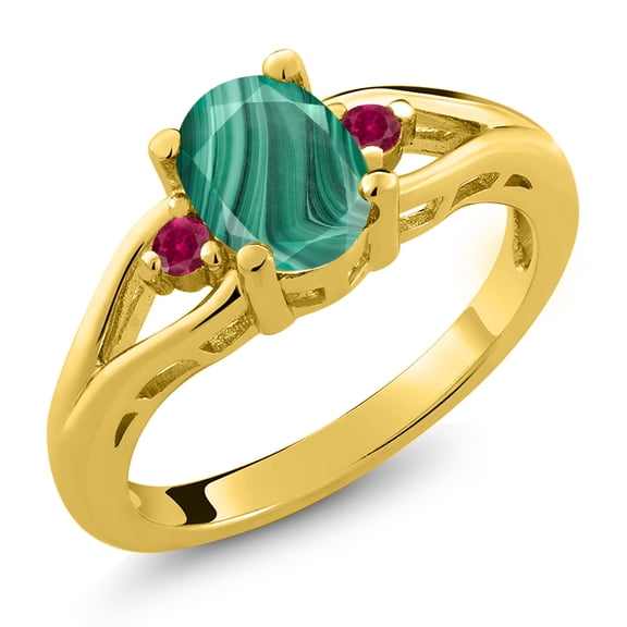 Gem Stone King 18K Yellow Gold Plated Silver Green Malachite and Red Created Ruby 3 Stone Engagement Ring for Women | 2.10 Cttw | Oval 8X6MM | Round 2MM | Gemstone Birthstone | Size 9