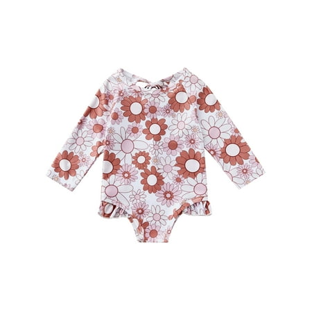 

Maemukilabe Girls Swimsuit Sun Rainbow/Sunflower Print Ruffle Trim Rashguard Swimwear Long Sleeve Bathing Suit