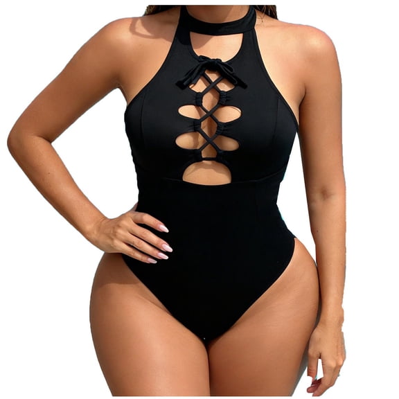 Efsteb One Pieces Swimsuit for Women Bathing Suit Swimwear Cut-Out Beachwear Bikini Solid Color Vintage (Black,XL)