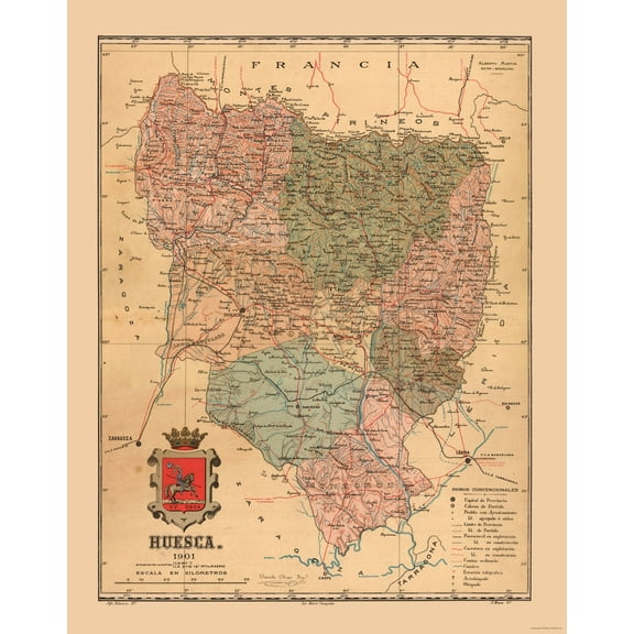 Historic Map - Huesca Spain - Martine 1904 - 23 x 29.12 - Vintage Wall Art
