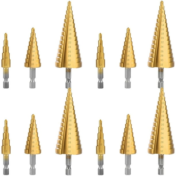 Juegos de Brocas GolBroc 12 Pzas 4 x 4-12mm 4 x 4-20mm 4 x 4-32mm 2.4cm Zanco Escalonadas Acero Alta Velocidad VentDepot