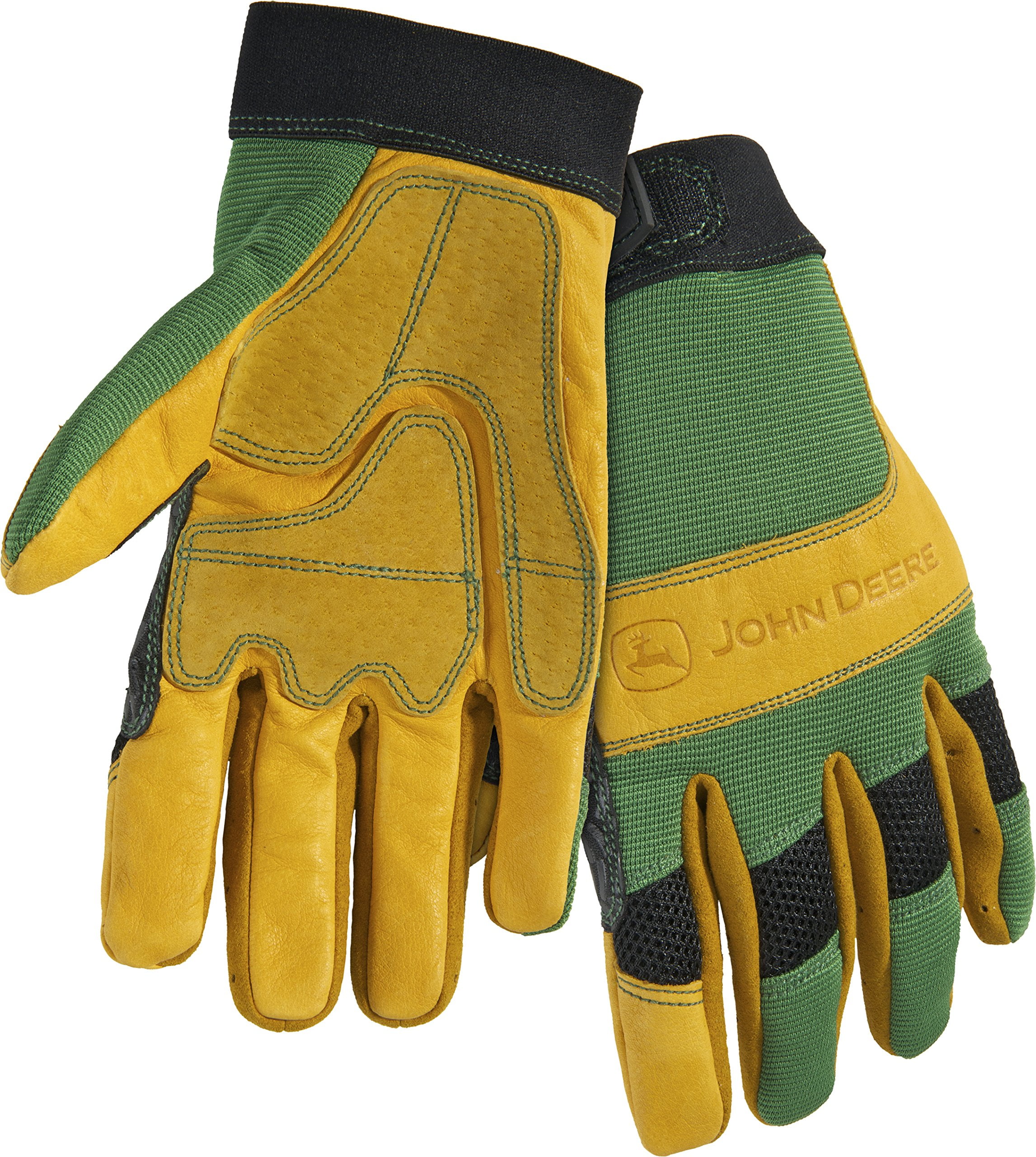 Men's John Deere Cowhide Work Gloves with Spandex Back (Green/Tan)(2XL