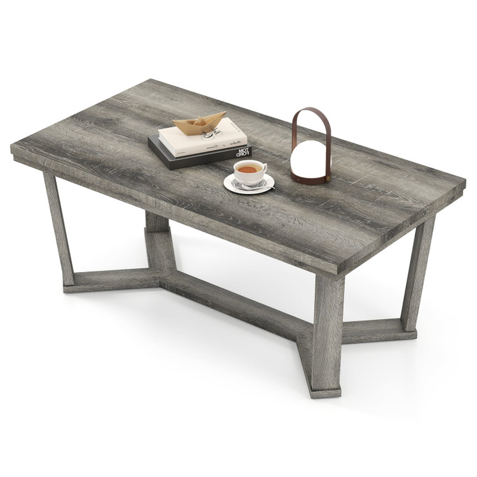 Furnibear Rectangle Coffee Table Rubber Wood Base with Cross-Shaped Base - Gray - Living Room Cocktail Center Table