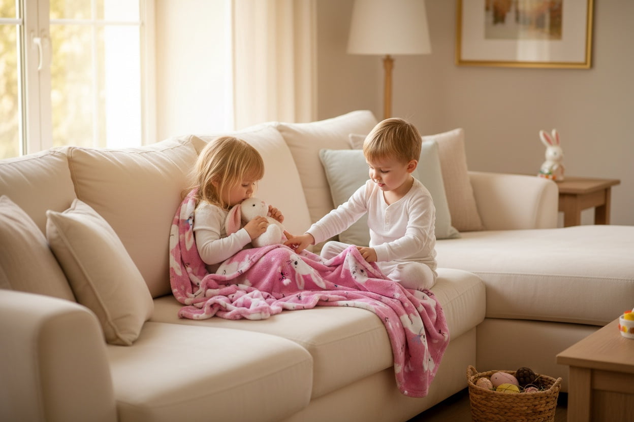 Serafina Home Spring Easter Bunny Throw Blanket, Soft Cozy Velvet Fleece, Pink And White, 50" x 60" Inch