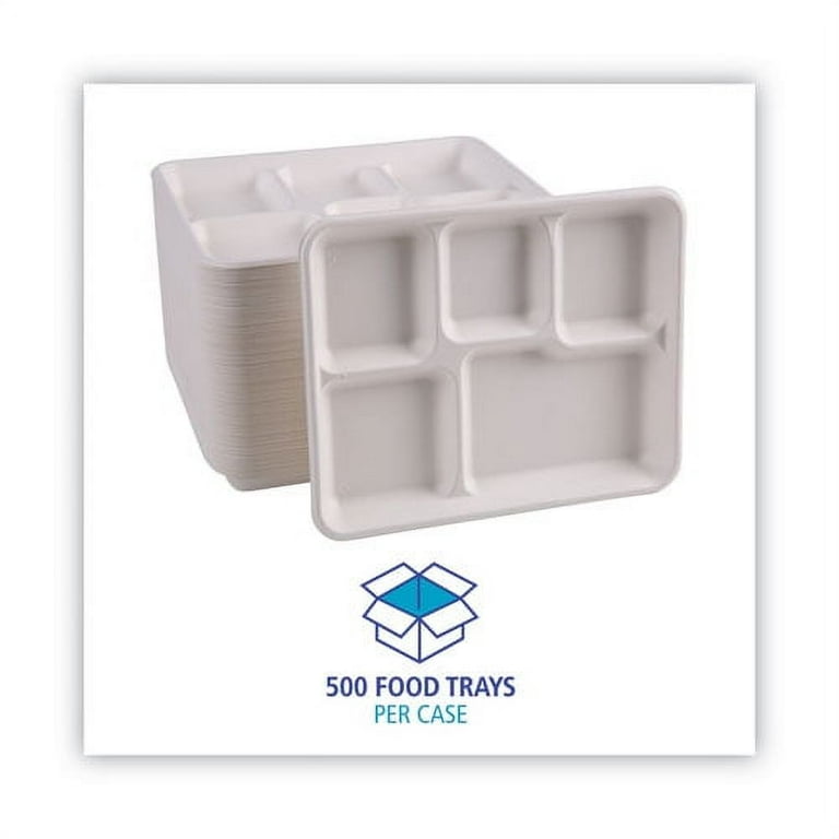 Bagasse Dinnerware, 5-Compartment Tray, 10 x 8, White, 500/Carton Bagasse Dinnerware, 5-Compartment Tray, 10 x 8, White, 500/Carton