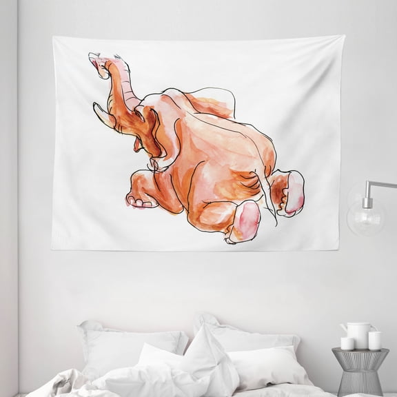 Animal Decor Tapestry, Little Cute Baby African Safari Elephant Fall Down Watercolored Artwork , Wall Hanging for Bedroom Living Room Dorm Decor, 80W X 60L Inches, Orange and White, by Ambesonne
