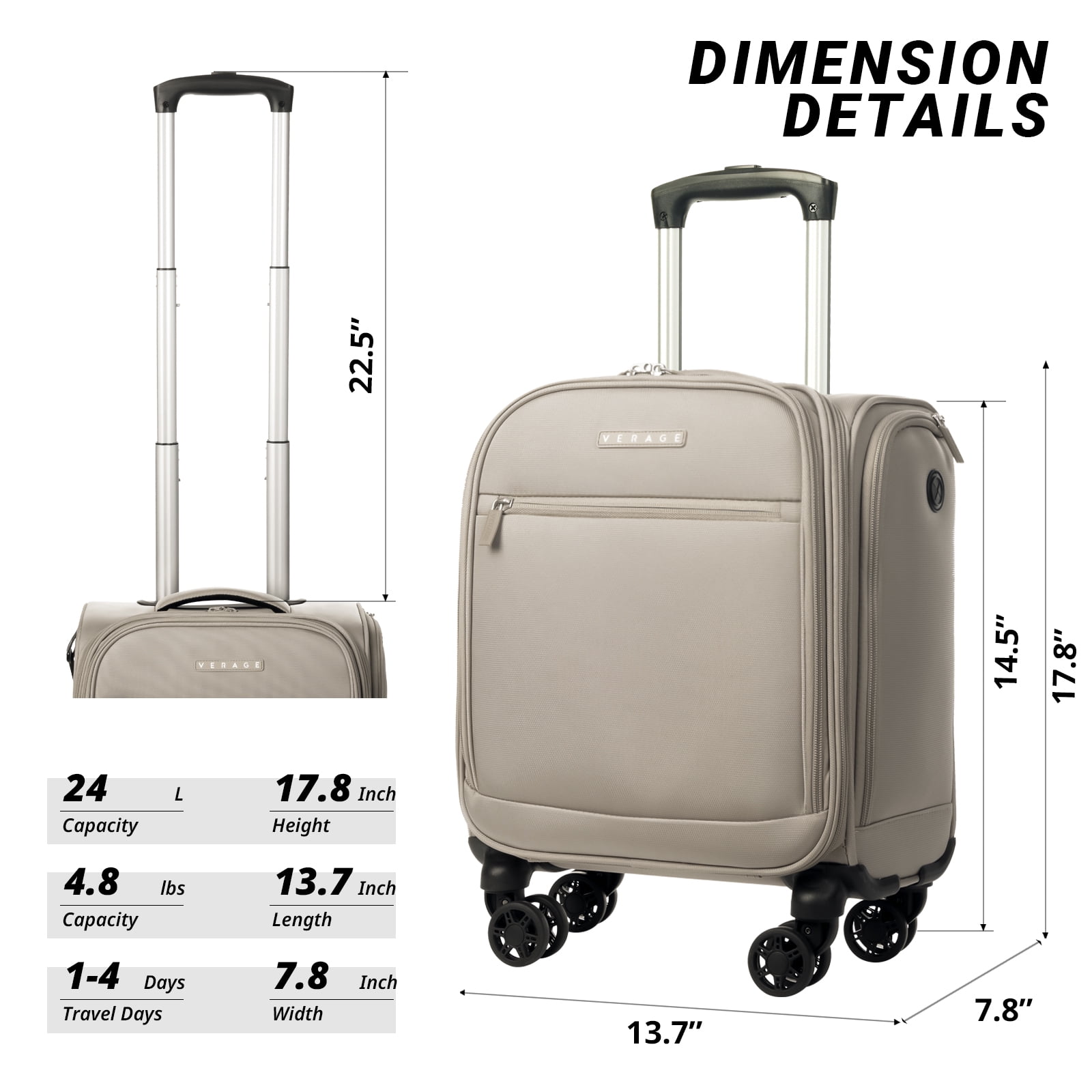 Verage Underseat Carry On Luggage with Wheels, 14.5-Inch Spinner Small Suitcase, Softside Lightweight Travel Bag for Men and Women, Airplane Carry On Bag