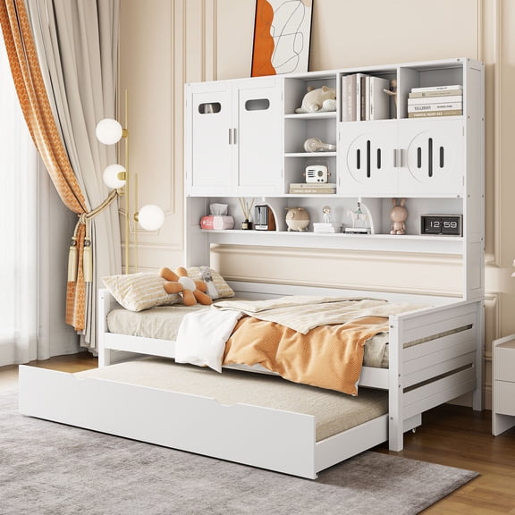 Harper & Bright Designs Twin Size Daybed with and Storage Bookcase, Wood Daybed with Trundle, Twin Wooden Day Bed with Storage Cabinets Shelves, White