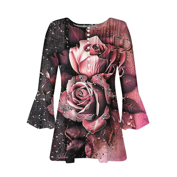 CYMMPU Blouses for Women Dressy Casual Button V Neck Flare Sleeve Floral Printed Spring Tops Fall Fashion Shirts Loose Fit 3/4 Sleeve Tunic Tops Pleated Dressy T-Shirts Pink XL