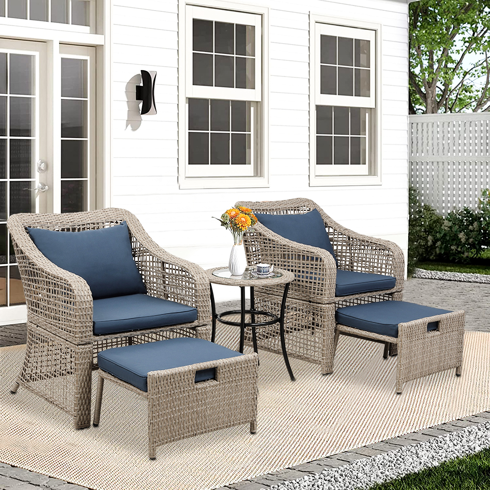 5 Piece Outdoor Patio Furniture Set, SEGMART Outdoor Lounge Chair Chat Conversation Set with 2 Cushioned Chairs, 2 Ottoman, Glass Table, PE Wicker Rattan Patio Bistro Set for Backyard, Porch, LLL329 - image 1 of 9