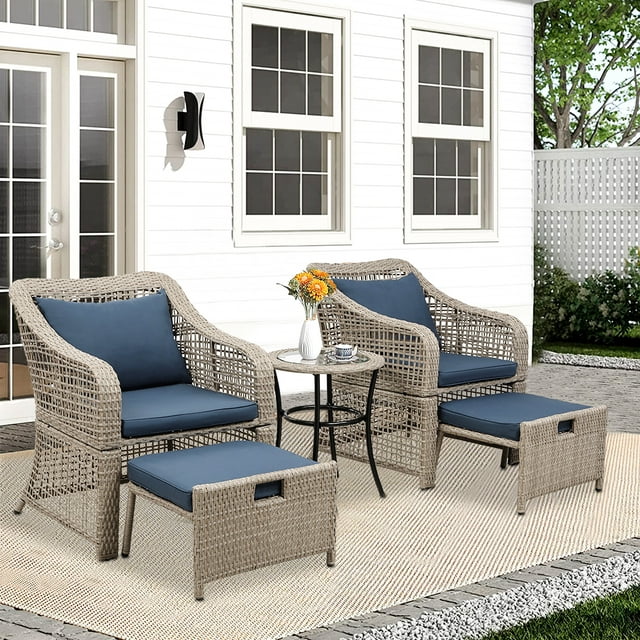 5 Piece Outdoor Patio Furniture Set, SEGMART Outdoor Lounge Chair Chat Conversation Set with 2 Cushioned Chairs, 2 Ottoman, Glass Table, PE Wicker Rattan Patio Bistro Set for Backyard, Porch, LLL329