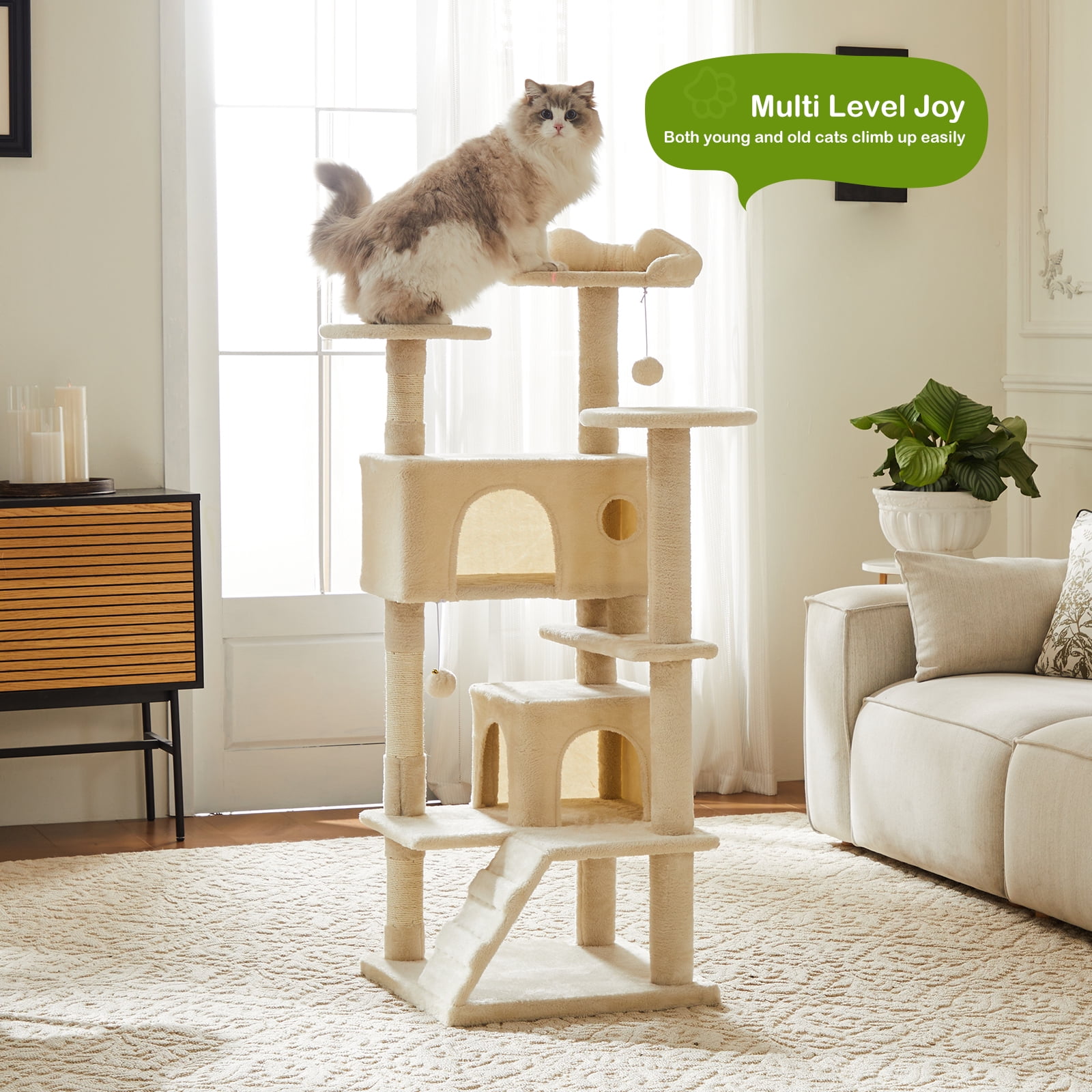 JIOABL Multi-Level Cat Tree Tower - 54-Inch Cat Tower with Large Condo, Climbing Ladder, Plush Toy, and More Cat Stuff, Beige