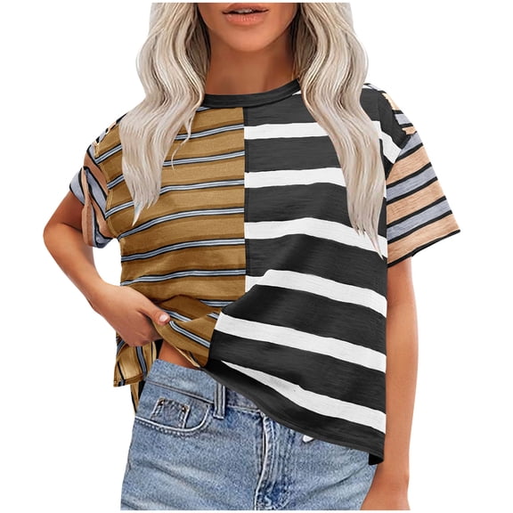 Srogem Womens T Shirts Summer Short Sleeve Striped Color Block Loose Fit Tops 2025 Trendy Clothes