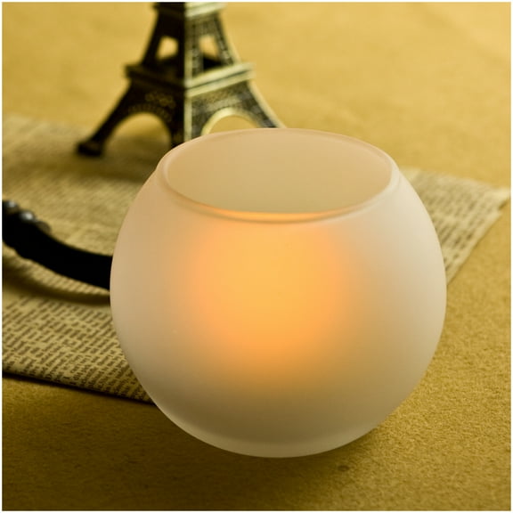 Battery Operated Flameless LED Candle Flickering Realistic Electric Big Tea Light with White Ball Shape Frosted Glass Holder for Wedding Party Christmas Decorations Table Centerpiece Fireplace Decor