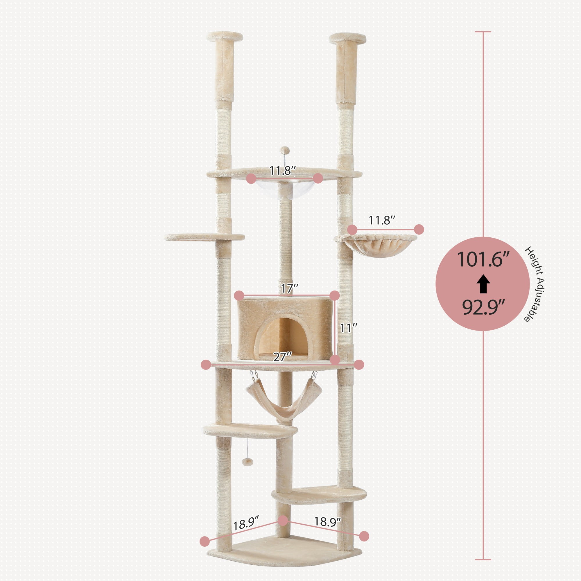 Kadyn Floor to Ceiling Cat Tree for Indoor 92"-101" Height Adjustable Cat Tower, Kitty Climbing Play House with Cozy Cat Condo, Perches and Hammock, Beige