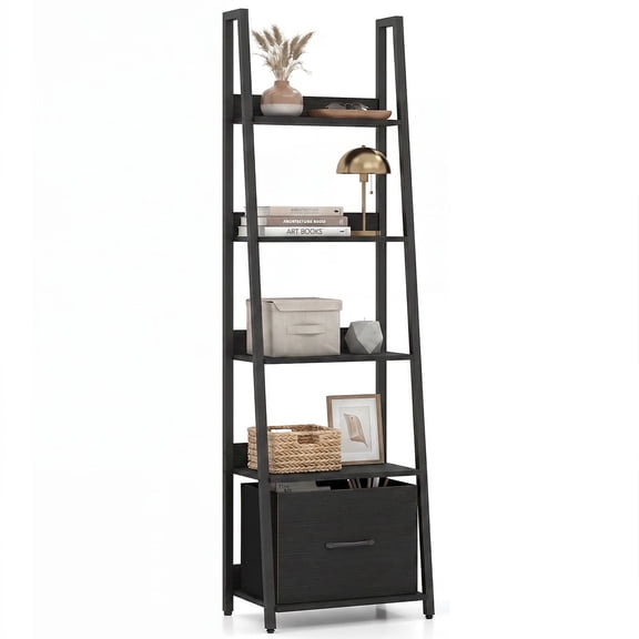 Patiojoy 5-Tier Ladder Bookshelf Narrow Bookcase with Fabric Drawer Industrial/Modern Wooden Metal Freestanding Storage Display Rack Black