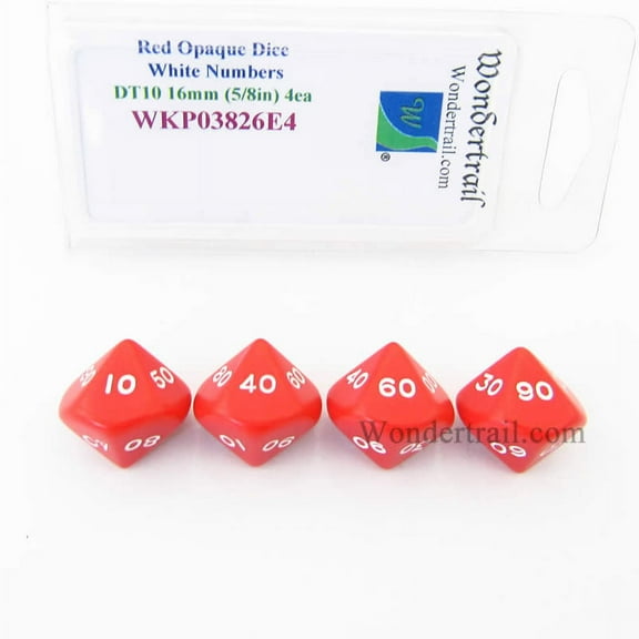 Red Opaque Dice with White Numbers DT10 16mm (5/8in) Pack of 4 Wondertrail
