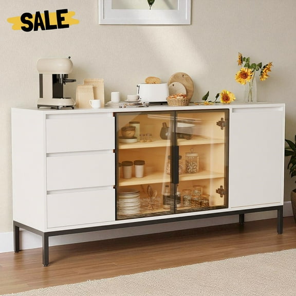 GZXS 62.99" Buffet Cabinet with Drawers and Glass Doors, Multi-Functional Modern Storage Sideboard for Kitchen, Dining, and Living Room (White)