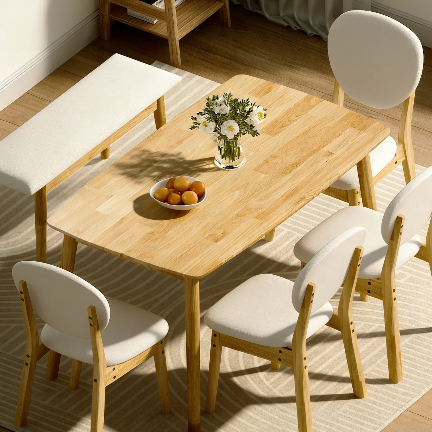 Ktaxon Solid Wood Dining Table Set for 6, Mid-Century Dining Room Table with 4 Padded Chairs & Bench, 47.3" Dining Room Set for 4~6 Family Use, Natural Wood