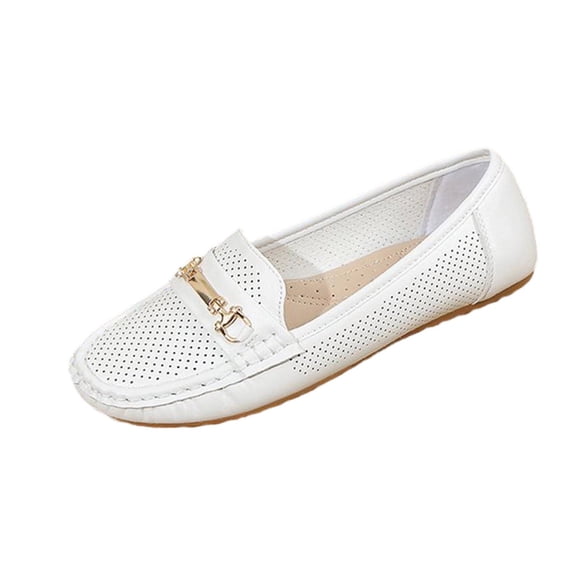 Womens White Perforated Loafers with Metal Horsebit - Breathable Square Toe Slip-On Flats, Comfortable PU Faux Leather Casual Shoes for Walking Office,Size 9.5