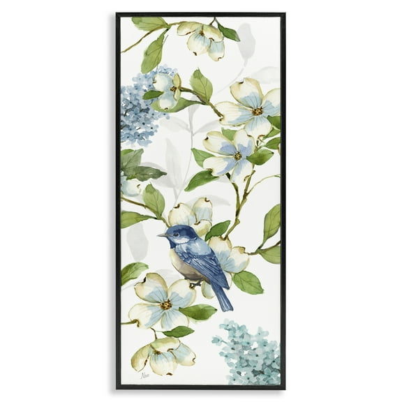 Stupell Industries Dogwood Flowers & Bird Plants & Flowers Painting Black Framed Art Print Wall Art, 10 x 24
