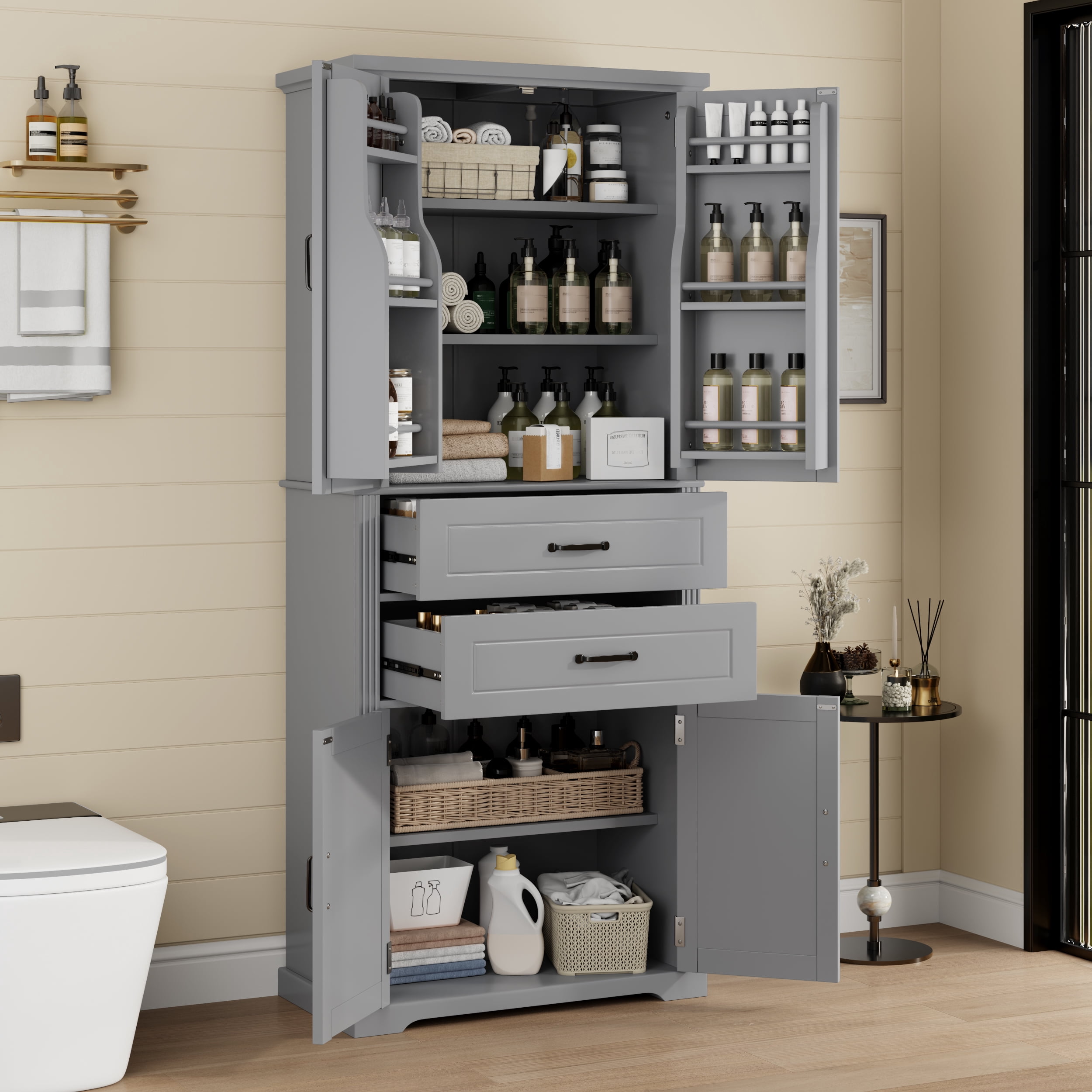 Mintazer 72.5" Freestanding Tall Bathroom Cabinet with 2 Drawers & Adjustable Shelves, Pantry Cabinet with Multi-Functional Storage Space for Bathroom Bedroom Laundry Room, Grey