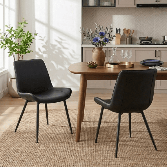 Dining Chairs Set of 2, PU Leather Armless Kitchen Chairs with Backrest, Thick Cushions, Sturdy Metal Legs, Modern Upholstered Dining Room Chairs (Black)