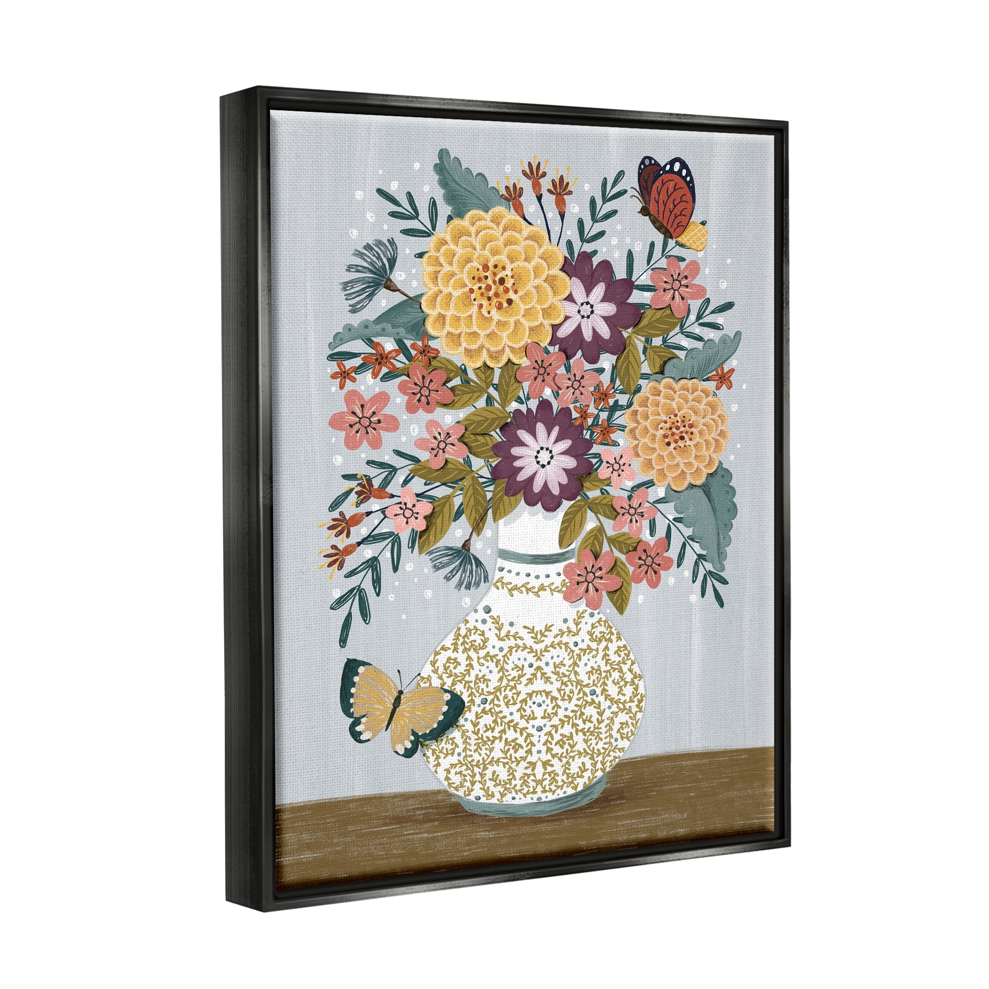 Stupell Industries Dahlia Bouquet & Butterflies Botanical & Floral Painting Black Floater Framed Canvas Art Print Wall Art, 17 x 21