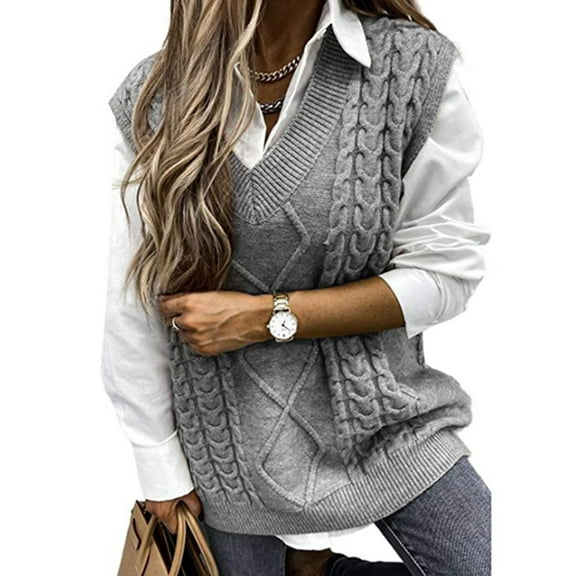Women's Sweater Vests Cable Knitted Sleeveless Vest Sweaters V Neck Knitwear Tank Pullover Cogild