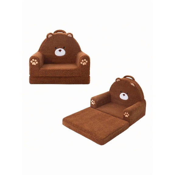 Kids Couch, 2-In-1 Convertible Soft Sherpa Fabric, Toddler Chairs Comfy 1-5 Years Old, Cartoon Animal & Crown Design, Toddler Furniture For Bedroom And Playroom, Bear, Medium