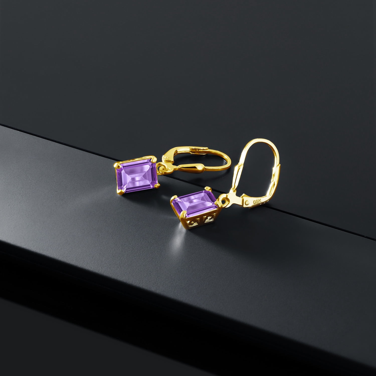 Gem Stone King 18K Yellow Gold Plated Silver Purple Amethyst Dangle Earrings for Women (3.00 Cttw, Gemstone February Birthstone, Emerald Cut 8X6MM)