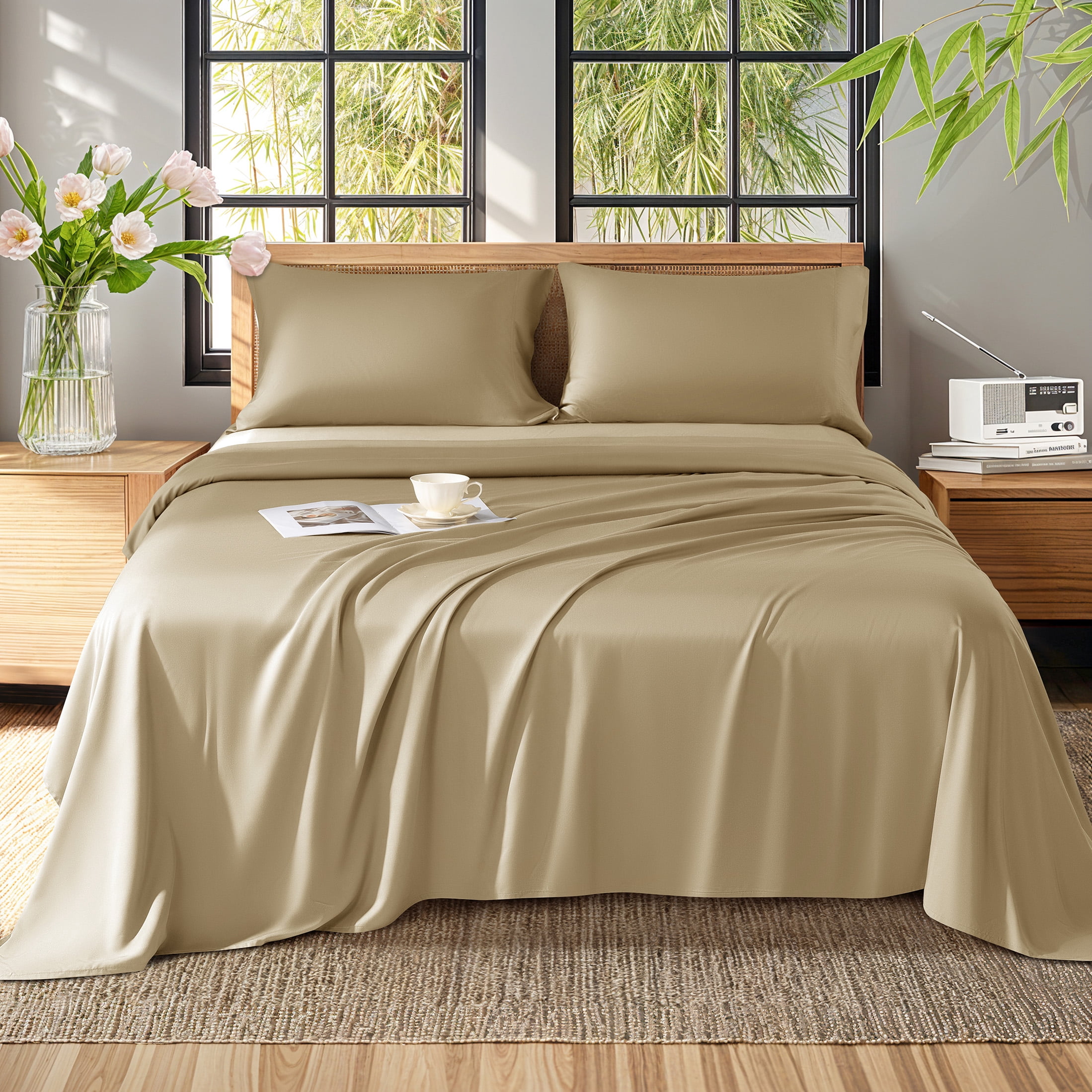 Baauye Cozy Bamboo Sheets Set, 4-Piece King Sheet Set with 16" Deep Pockets, Soft and Breathable Bed Sheets, Beige