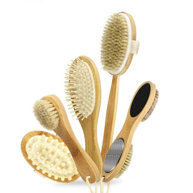 Cepillo de masaje corporal de cerdas suaves, 5 unidades, masajeador para cabello, cabeza, espalda, piernas y pies, exfolia y elimina la piel muerta.