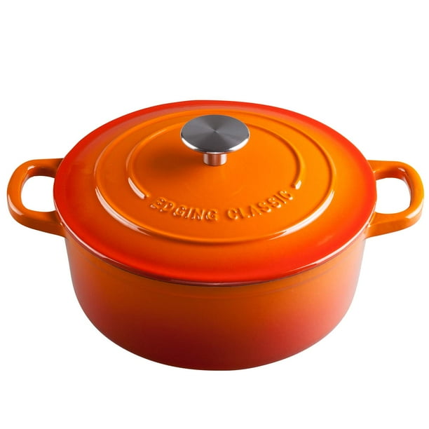 Horno holandés de hierro fundido esmaltado EDGING CASTING, 5.5 cuartos, redondo, con tapa y doble asa para hornear pan, apto para horno hasta 260 °C, color naranja