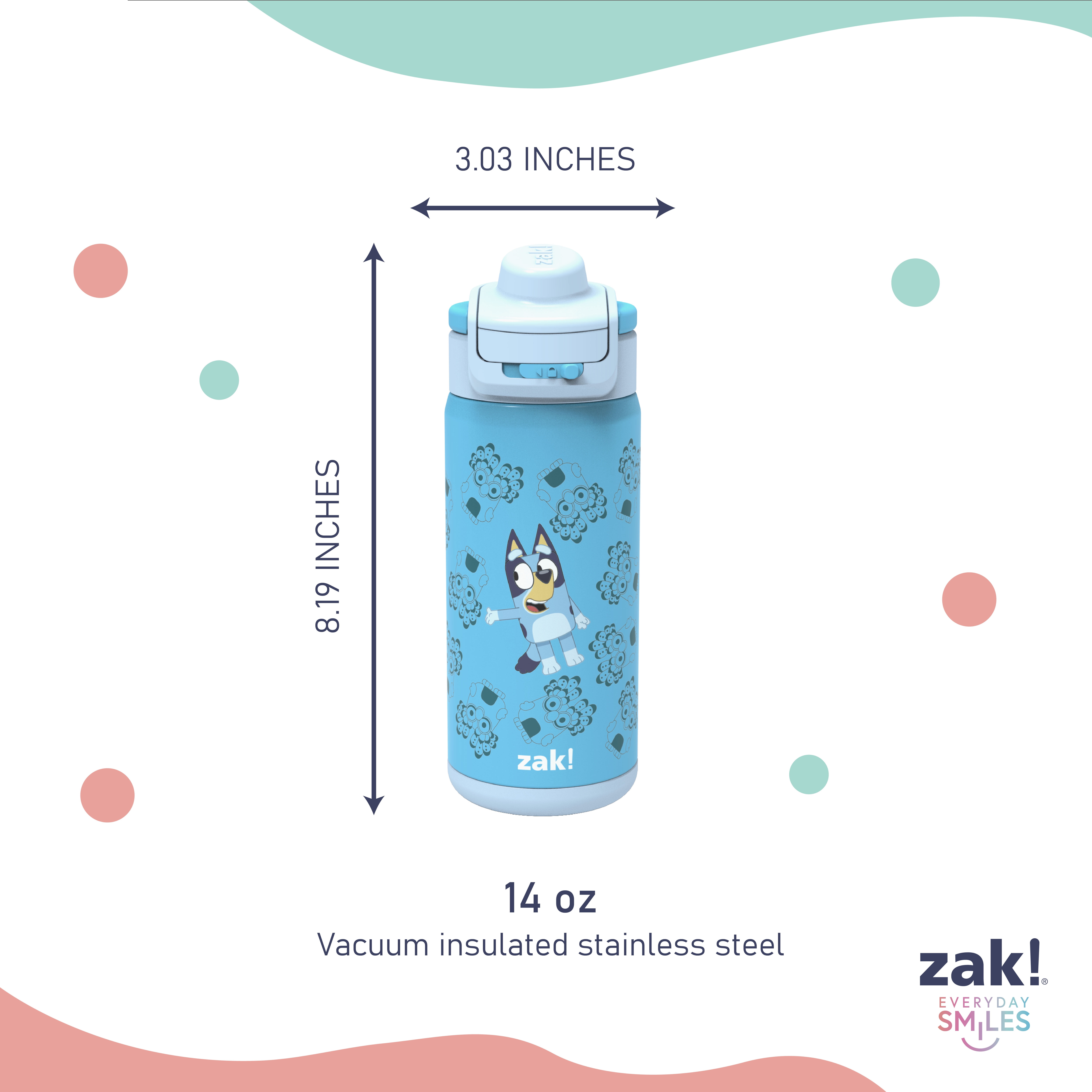 Zak Designs 14oz Bluey Kids Straw Water Bottle, Stainless Steel Vacuum Insulated Lincoln Bottle with Easy-Open Locking Spout Cover for Travel, Built in Carry Handle