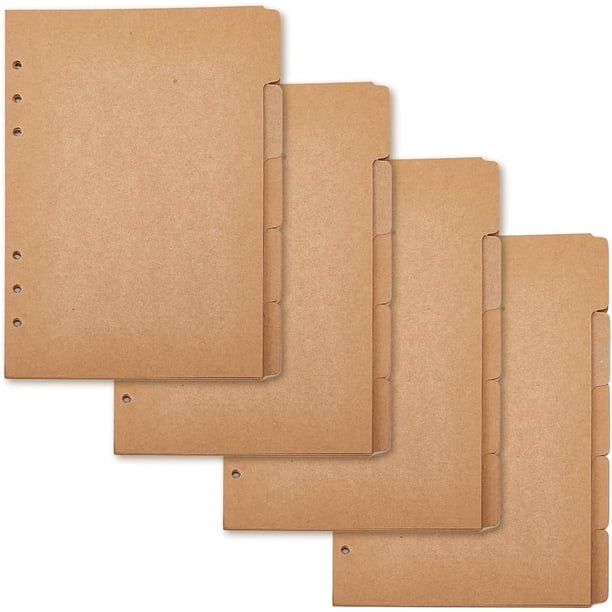 20 hojas de separadores de papel kraft A5 para carpeta de anillas de 5 pestañas/6 agujeros, anillas BurlyWood de 6 agujeros, página índice