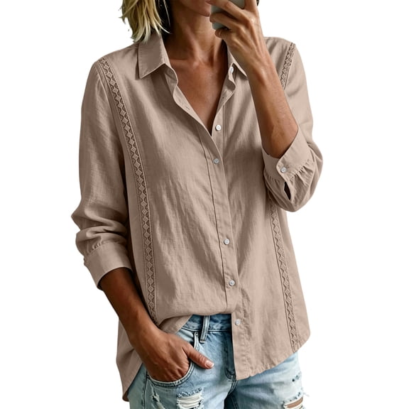 Yyeselk Womens Cotton Linen Button Down Collared Shirts 3/4 Sleeve Lightweight Cuban Guayabera Shirt Relaxed Fit Beach Vacation Tops Khaki XXL