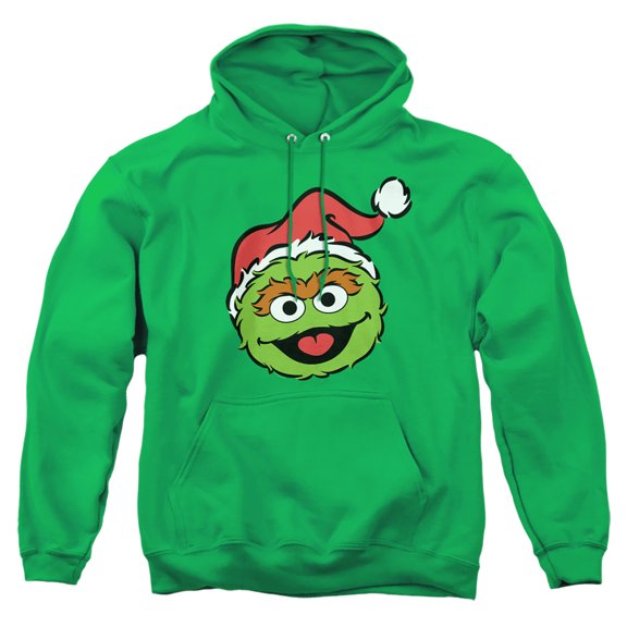 Sesame Street Christmas Santa Hat Oscar The Grouch Face Adult Pull-Over Hoodie, Kelly Green, Small