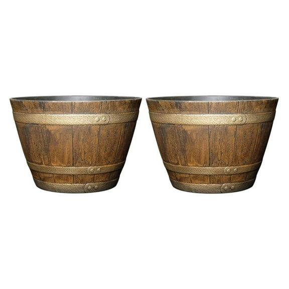 Classic Home and Garden Whiskey Plastic Resin Flower Pot Planter, 15", Oak Brown (2 Pack)