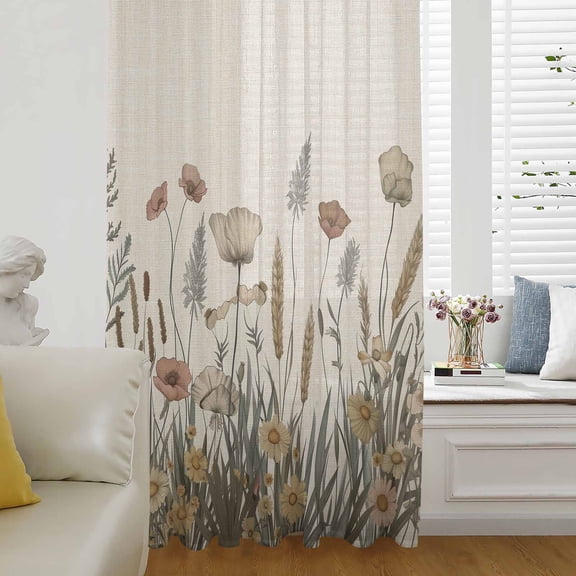 Pastoral Botanical Semi Sheer Curtains Drapes for Living Room, Bedroom, French Doors Window 45 Inches Long, Farmhouse Floral Rustic Rod Pocket Chiffon Curtain Drapery Voile Draperies Panel