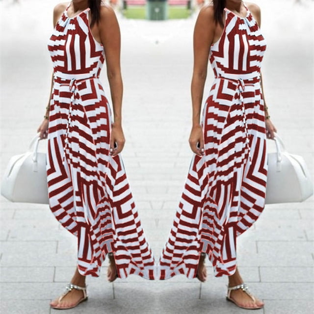 Staron Robes d'Été pour Femmes Bohèmes à Rayures à Bretelles Spaghetti Robe d'Été Décontractée Boho Maxi Sans Manches Longue Robe de Soirée à Volants Fluide
