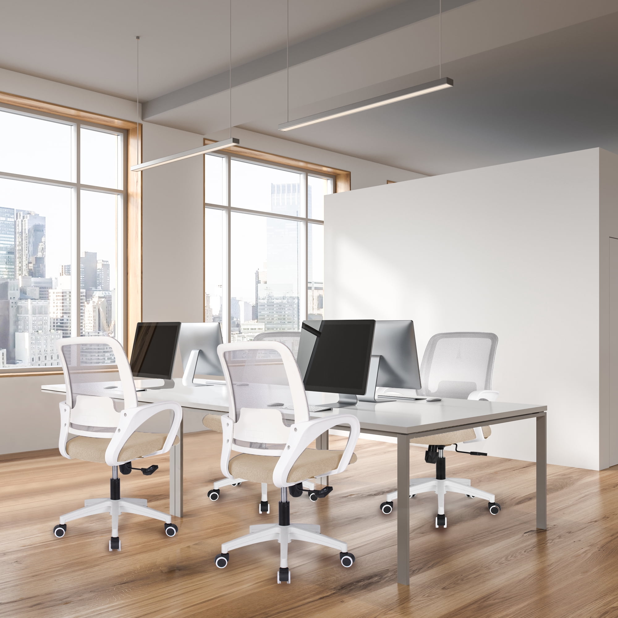 NEO Chair Office Desk Ergonomic Mesh Computer Chair with Lumbar Support Adjustable Height Swivel Rolling Wheels Comfy Mid Back Task Chair for Home Bedroom Vanity Study (Beige)