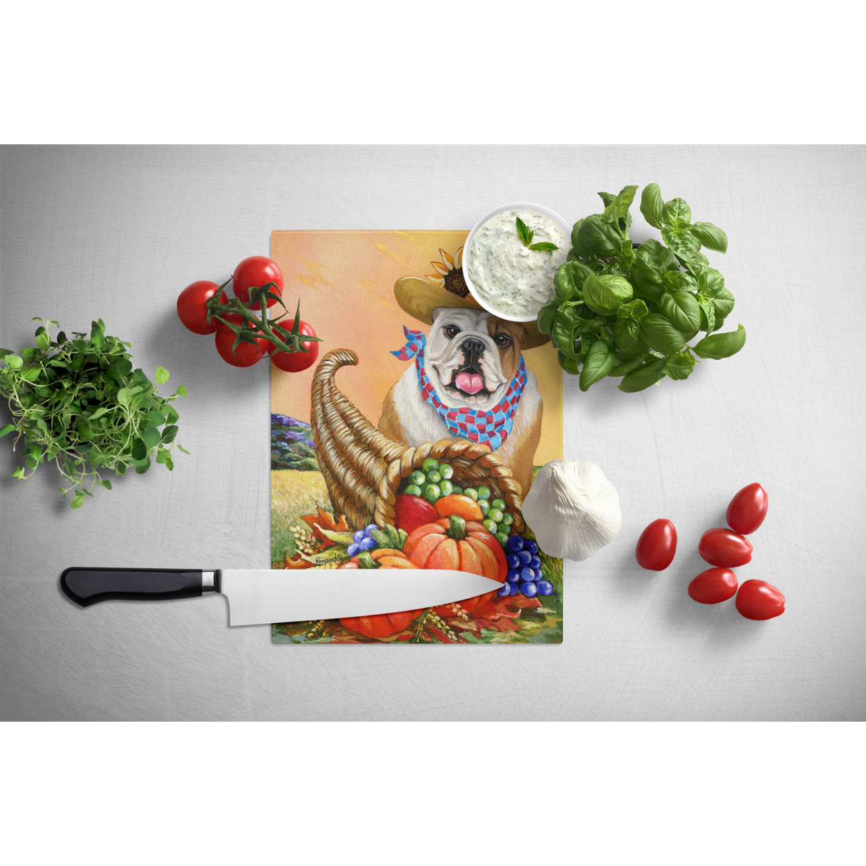 Carolines Treasures PPP3090LCB English Bulldog Autumn Glass Cutting Board Large, 12H x 16W, multicolor