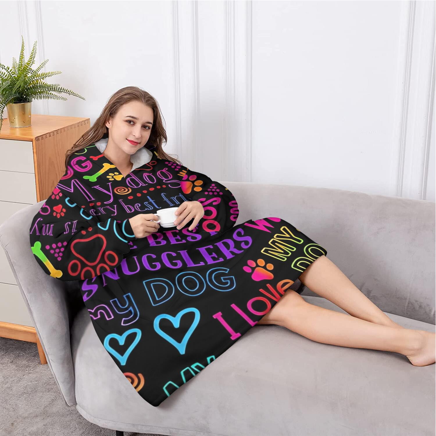 Oversized Wearable Blanket Hoodie,I Love My Dogs Art Sherpa Blanket Hoodie with Super Pockets,Super Warm Fuzzy Pullover for Women & Men
