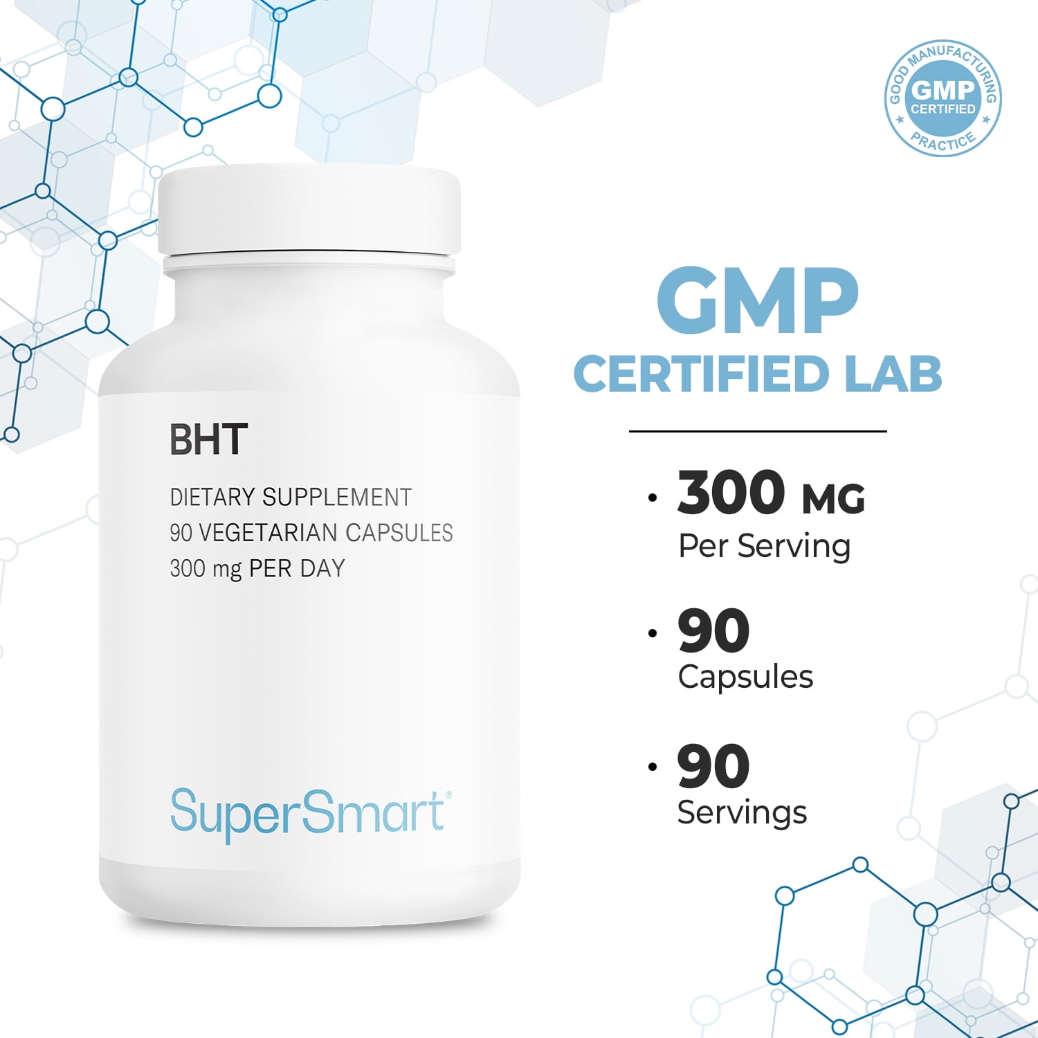 SuperSmart BHT Supplement 300mg per Day - Butylated Hydroxytoluene | Non-GMO & Gluten Free - 90 Vegetarian Capsules