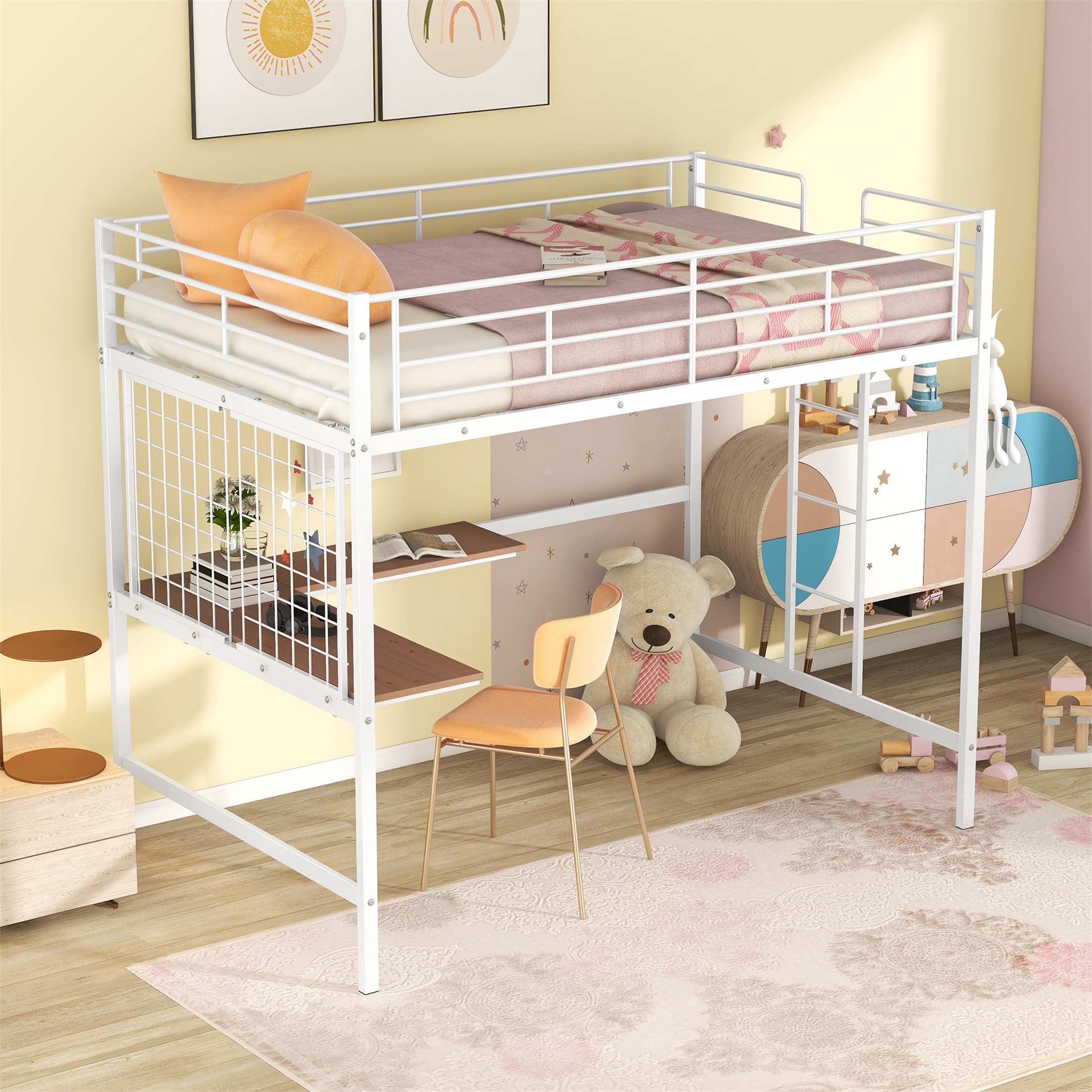 Aukfa Full Size Loft Bed with L shape Desk, Heavy Duty Metal Bed Frame for Teens Adults, White
